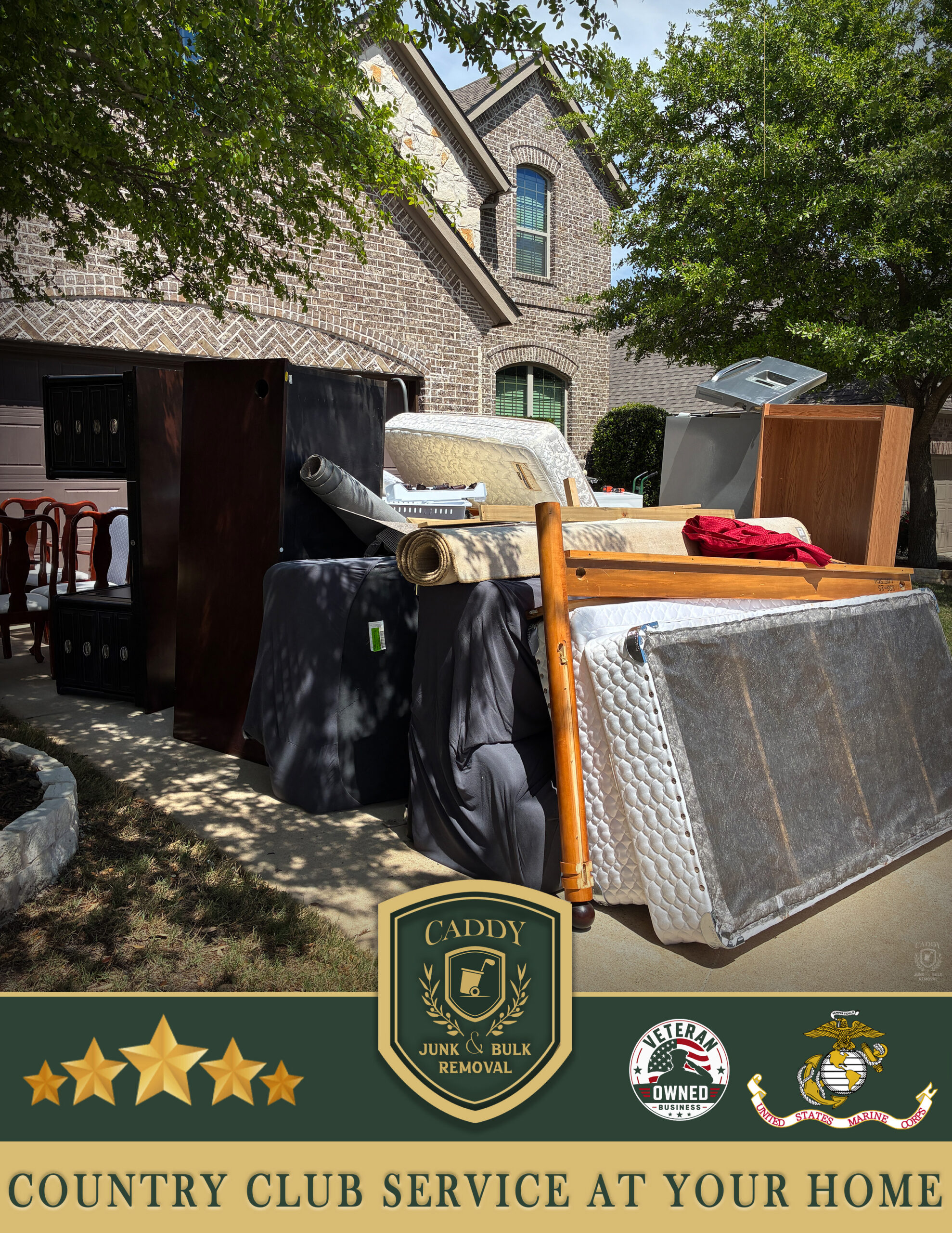 Full load of junk in the driveway ready to be loaded into the truck in Westlake, TX.