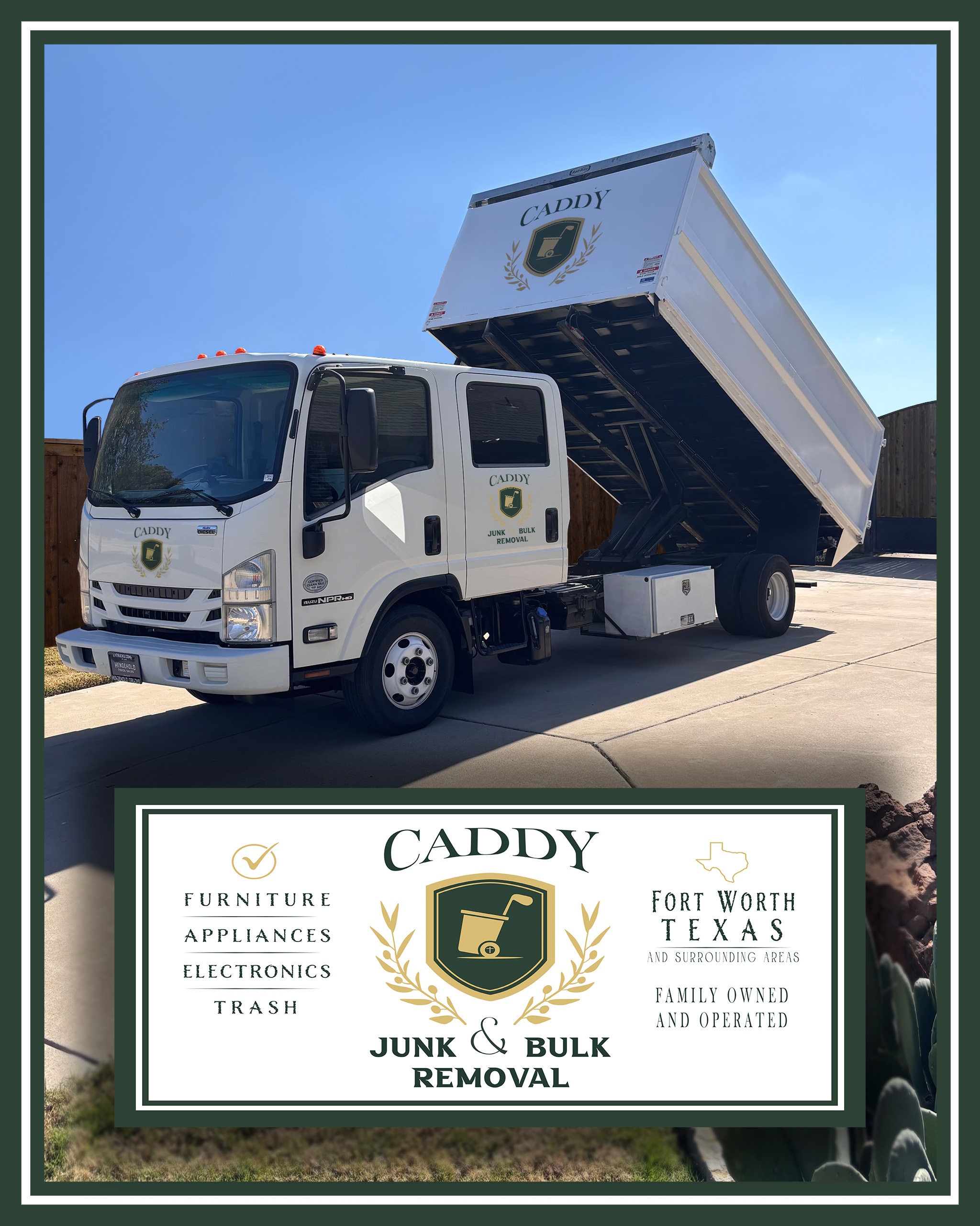 Caddy Junk and Bulk Removal Hydraulic Dump Truck with the trailer raised for a photo.